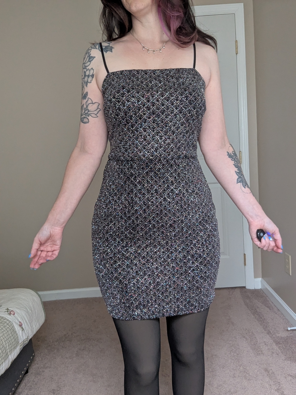 Altar'd State Black Sparkle Mini Dress with Multicolor Shimmer
